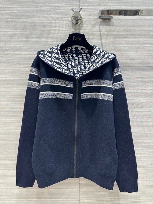 Dior Double-Faced Cashmere Zip-Up Coat with Jacquard Pattern