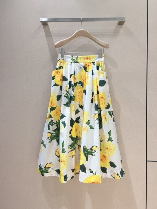 Celine Yellow Floral Patterned Mid - Length A - Line Skirt with Waistband