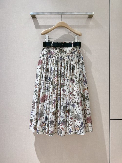 Dior Nature Flower Print Wide High-Waist A-Line Skirt