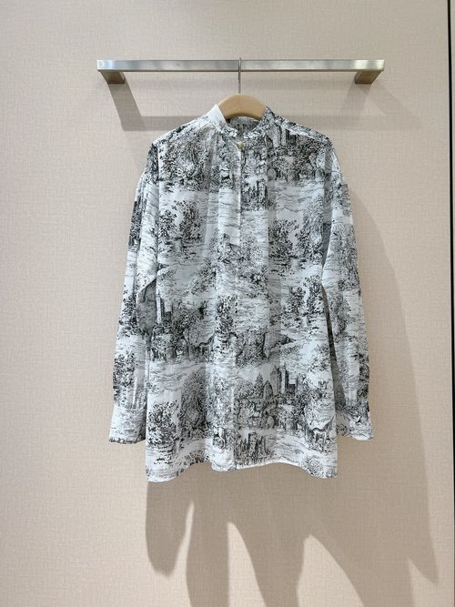 Dior Small Collar City Print Embroidered Cotton Shirt