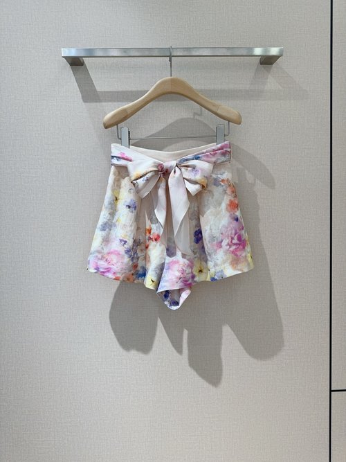 Zimmermann Linen Shorts with Multi - color Floral Prints and Detachable Silk Scarf Belt