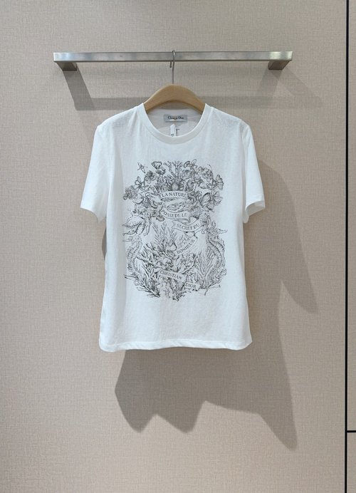 Dior Versatile T-Shirt with Underwater Seahorse Sketch and Logo