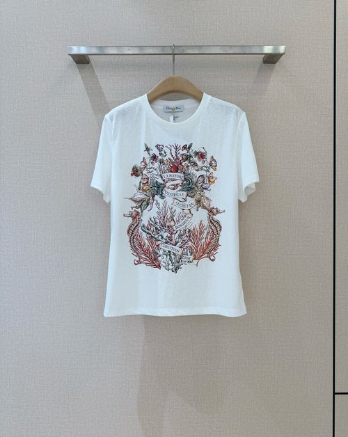 Dior Versatile T-Shirt with Underwater Seahorse Print and Logo