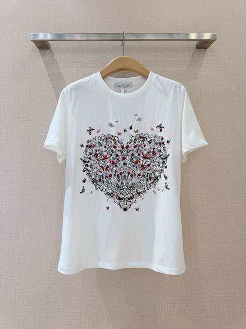 Dior Elegant White Cotton-Linen T-Shirt with Butterfly Embroidery