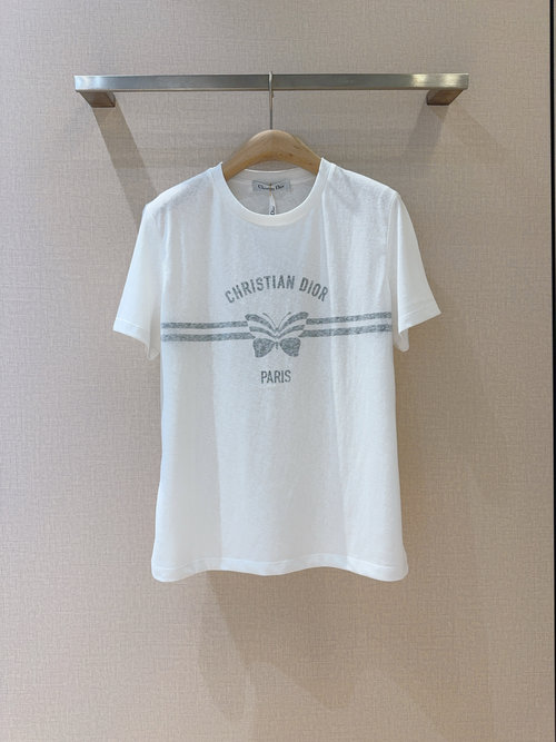 Dior Elegant White Cotton-Linen T-shirt with Letter Butterfly Print