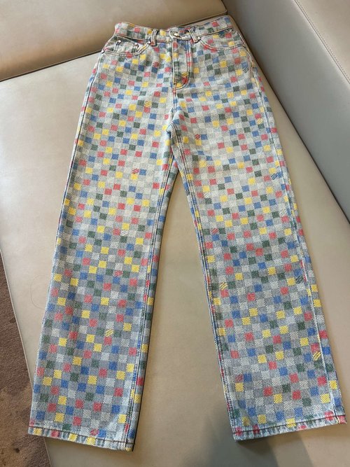Louis Vuitton Colorful Checkered Denim Trousers with Pearl Buttons, Slimming and Durable