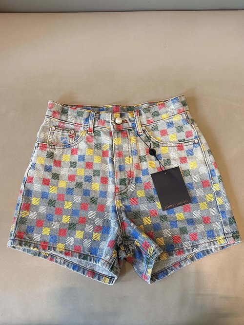 Louis Vuitton Trendy Checkered Straight-Leg Jeans with Pearl Buttons, Vintage Wash Effect