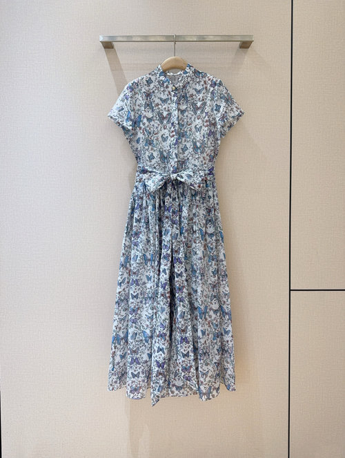 Dior Chinese Style Butterfly Print Cotton Dress with Pearl Buttons