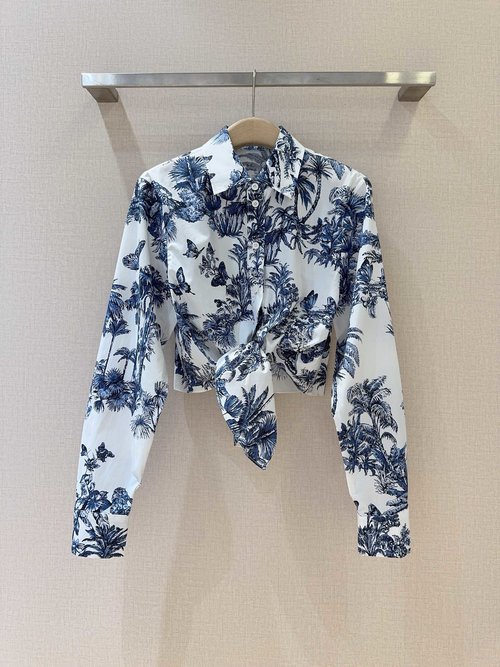 Dior Long-sleeved Jungle Butterfly Print Shirt with Knotted Hem