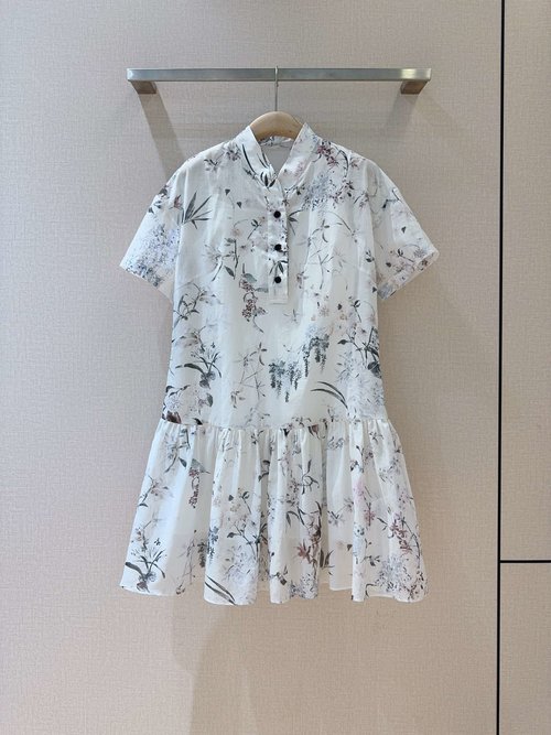 Dior Chinese Style Sketch Print Dress with Pearl Buttons