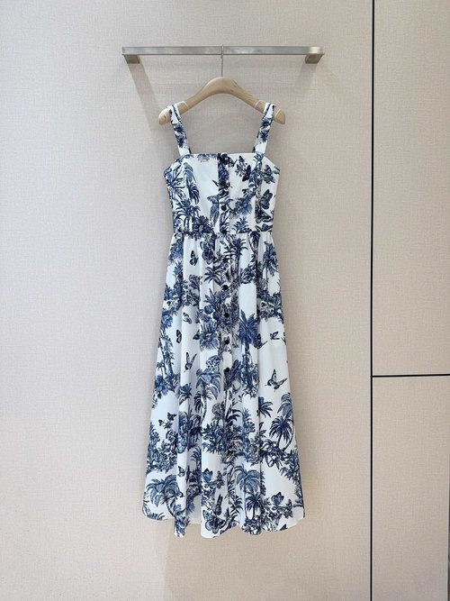 Dior Vacation Style Jungle Butterfly Print Sling Dress with Pockets