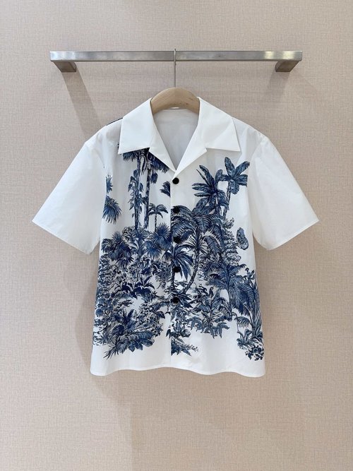 Dior V-Neck Short-Sleeved Coconut Jungle Print Cotton Shirt
