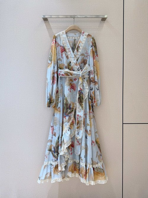 Zimmermann Light Blue Palm Tree Floral Cotton Dress with Ruffled Hem