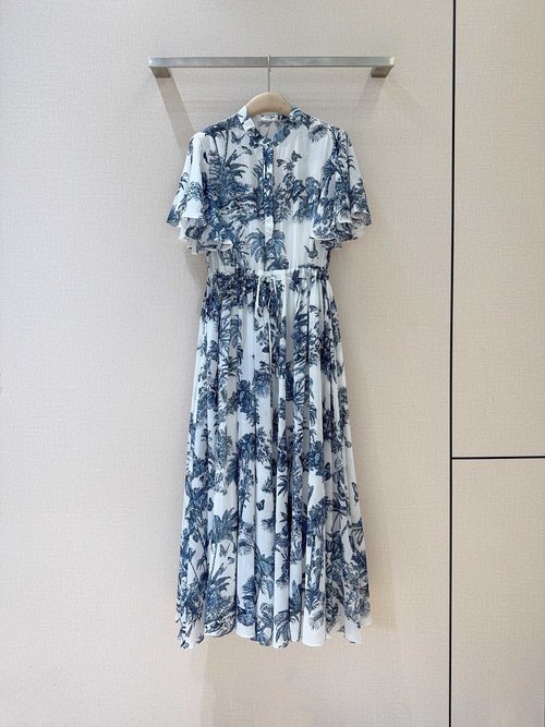 Dior Trendy Drawstring Waist Cotton Dress with Flowy Skirt