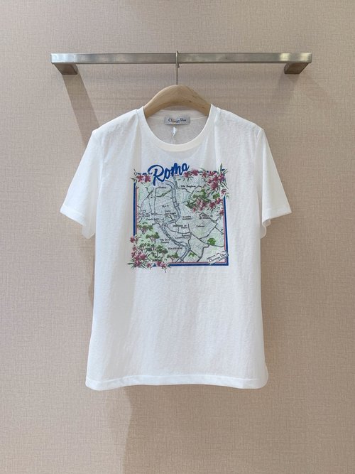 Dior Cotton-Linen T-shirt with City Map and Ribbon Print