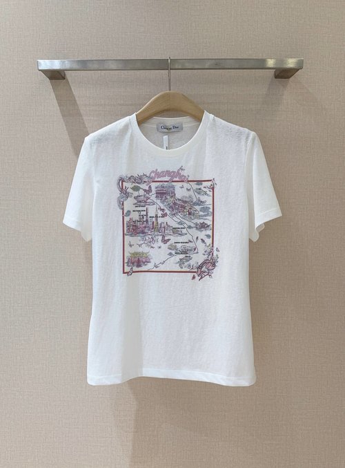 Dior City Vacation Cotton-Linen Round Neck Tee with Ribbon Print