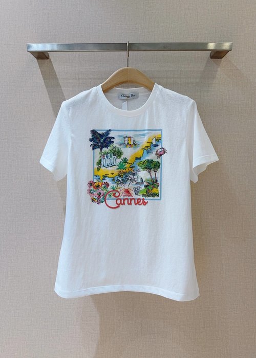 Dior Coconut Tree Vacation Style Cotton-Linen Round Neck Tee