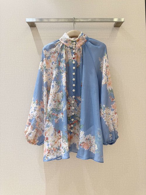 Zimmermann Ramie Shirt with Semi-high Collar and Delicate Lace Trim