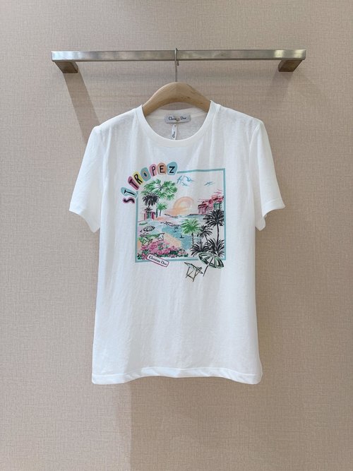 Dior Coconut Tree Vacation Style Cotton-Linen Round Neck Tee