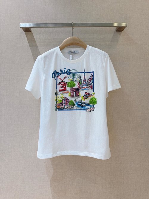 Dior Elegant Limited Print Collar Tee with Paris City Pattern