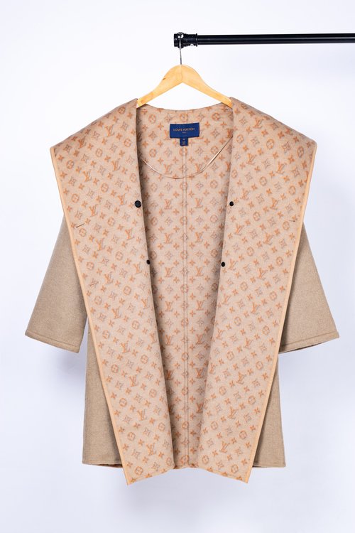 Louis Vuitton Long Camel Buckled Small-flowered Wool-Silk Blend Coat