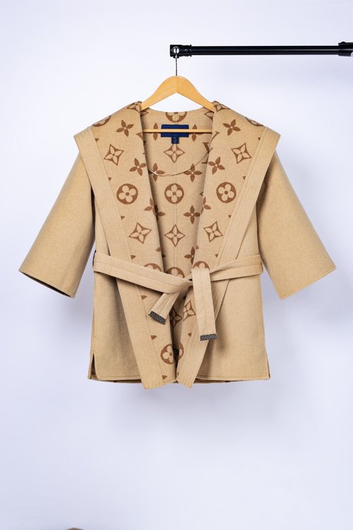 Louis Vuitton Short Camel 3/4 Sleeve Floral Garment in a Wool-Silk Blend