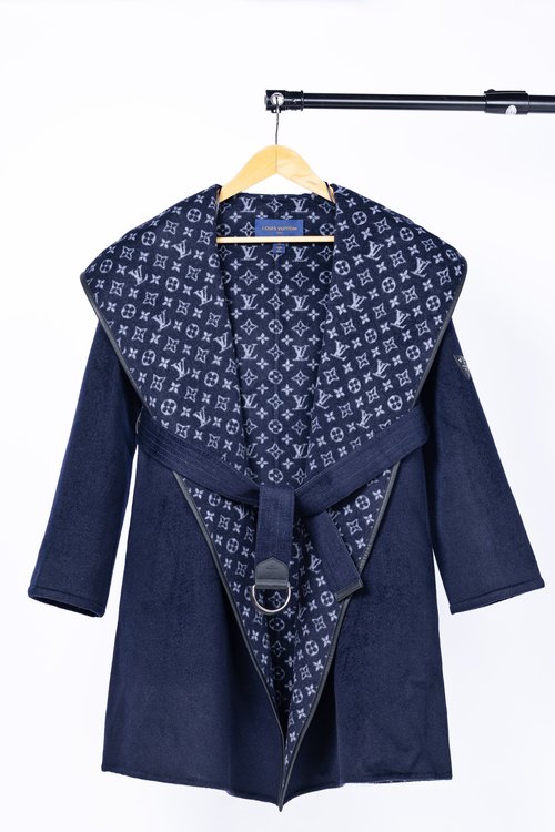 Louis Vuitton Navy Blue Floral Long Coat, Premium Wool Silk Material