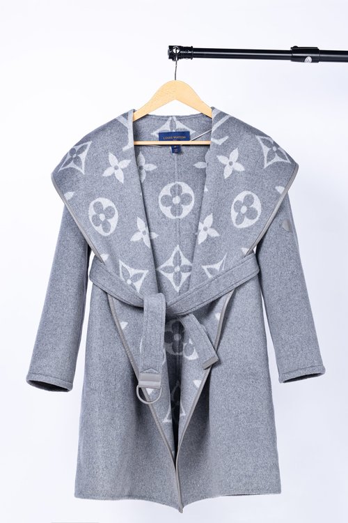 Louis Vuitton Long Gray Large-flowered Wool-Silk Blend Coat