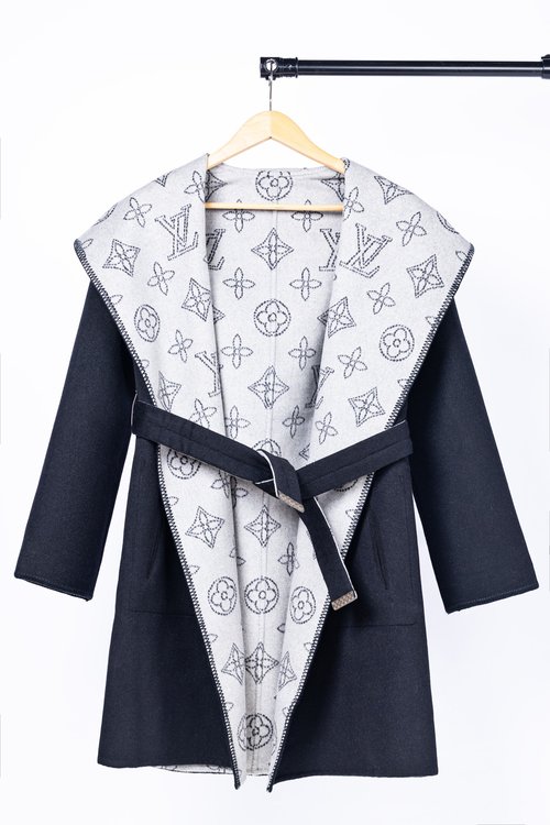 Louis Vuitton Long Black Hollow-flowered Mid-sized Wool-Silk Blend Coat