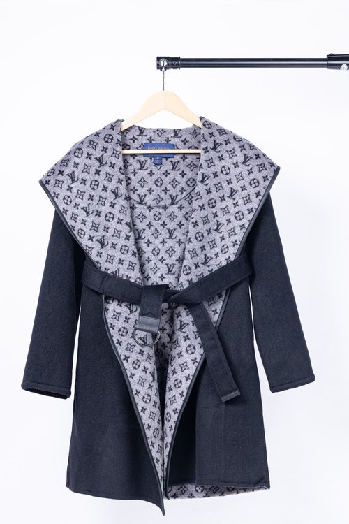 Louis Vuitton Long Black-and-white Small-flowered Wool-Silk Blend Coat