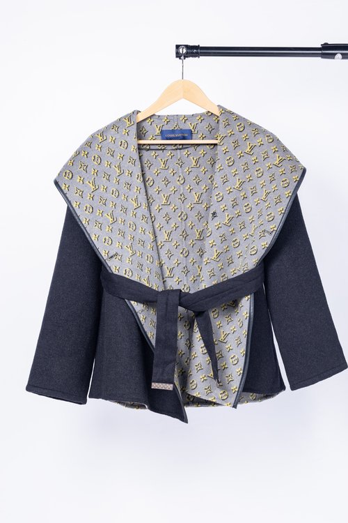 Louis Vuitton Black-Gold Small Flower Short Style Garment with Dust Bag, 99% Wool, 1% Silk
