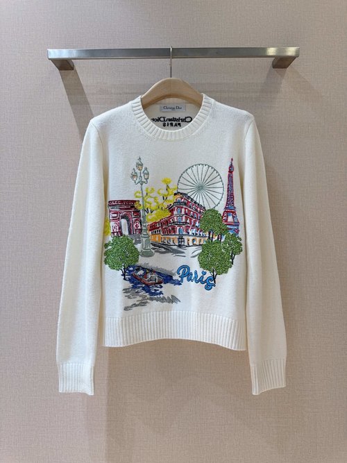 Dior Round Neck Knit Sweater with French Landscape Embroideries