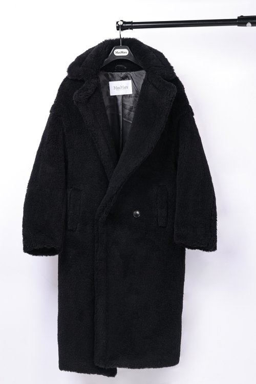 Max Mara Long Teddy Bear Coat in Black, Alpaca, Wool and Silk Blend