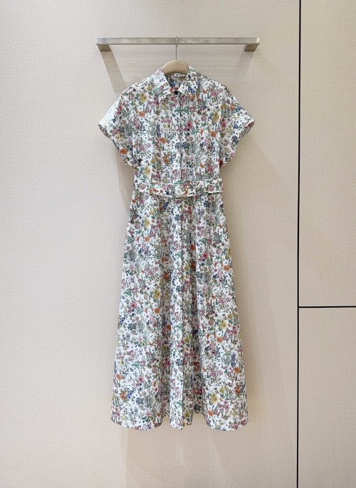 Dior Floral Print Cotton Dress with Shirt Collar and Pocket