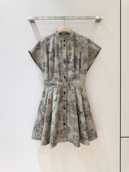 Dior Black Butterfly Printed Khaki Cotton Dress, Retro French Style