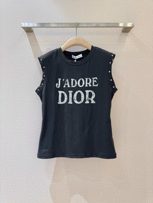 Dior Sleeveless Top with Vintage Letter Print and Rivet Accents
