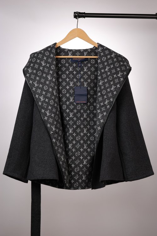 Louis Vuitton Short Dark Gray Buckled Wool-Silk Blend Garment with Dust Bag