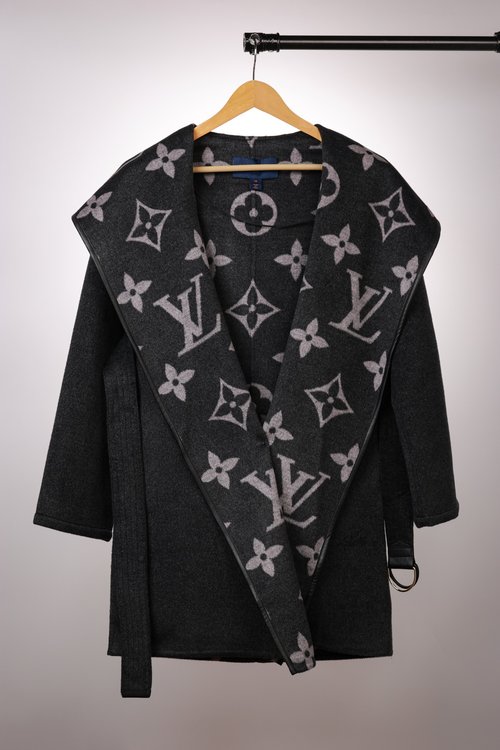 Louis Vuitton Long Dark Gray Large Flower Wool-Silk Blend Coat