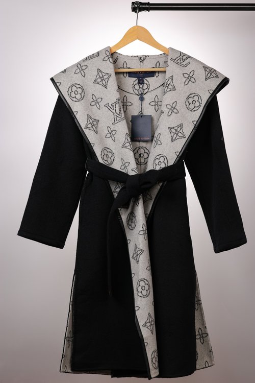 Louis Vuitton Long Black Hollow Flower Extended Wool-Silk Blend Coat