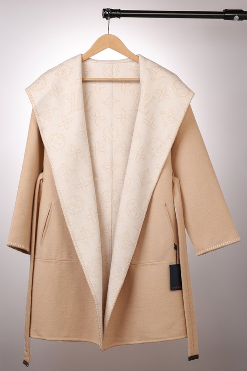 Louis Vuitton Long Camel Hollow Flower Wool-Silk Blend Coat