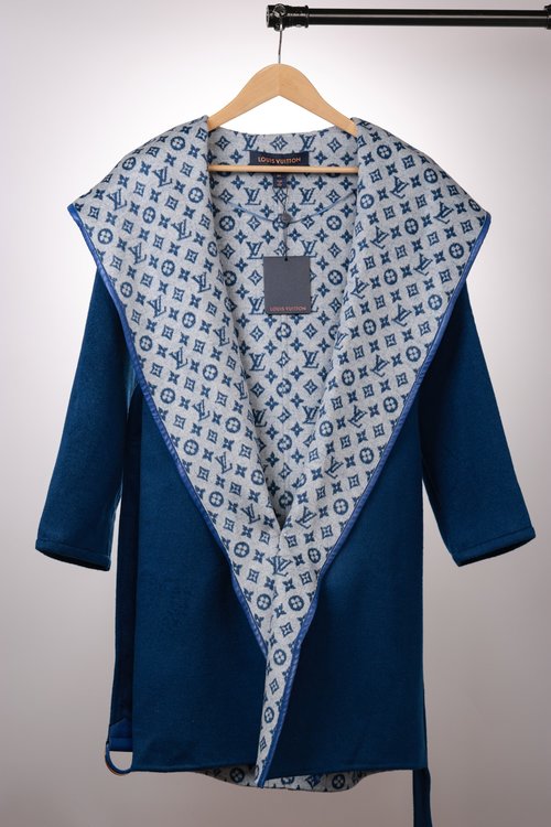 Louis Vuitton Long Blue Small Flower Wool-Silk Blend Coat