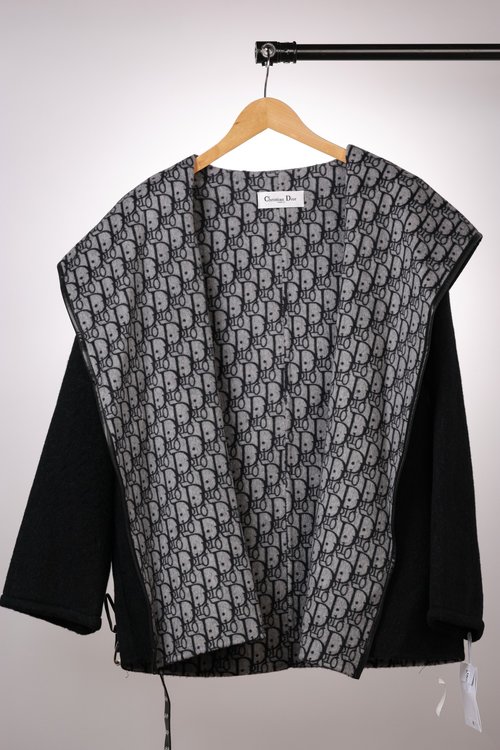 Dior Long Wool Overcoat with Navy Collar, Black and Dust Bag