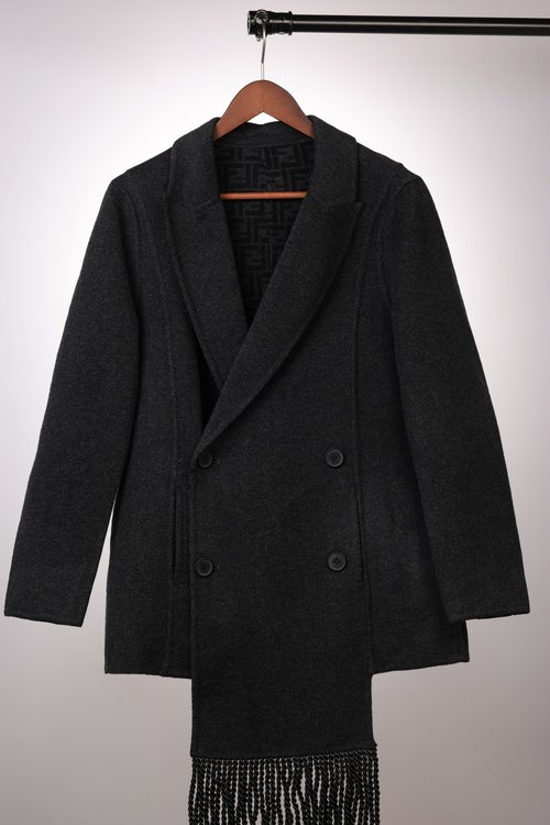 Fendi Short-length Jacquard Coat in Dark Grey, 30% Cashmere 70% Wool