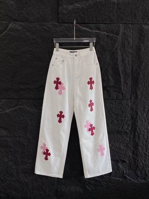 Chrome Hearts Pink Leather-Patched Cross Jeans