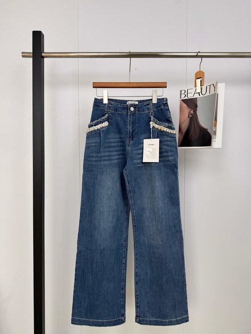 Chanel Luxury Wide-Leg Jeans with Hand-Woven Decoration