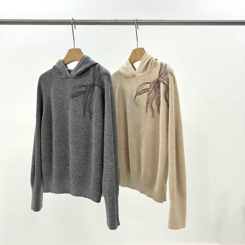 Loewe 100% Wool Knit Hoodie with Floral Decoration and Sparkling Embroidery