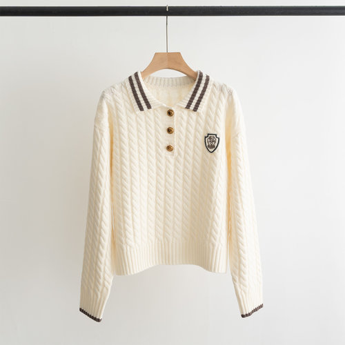 Loewe Chunky Knit Sweater with Collar, Badge and Contrasting Stripes
