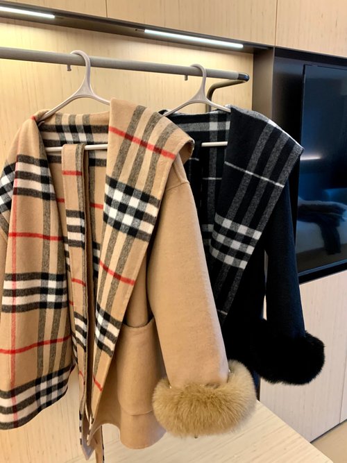 Burberry Detachable Fox Fur Sleeve BBR Checked Cashmere Coat