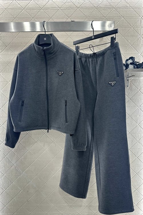 Prada Stand-collar Wool Blend Outfit with Triangle Metal Logo