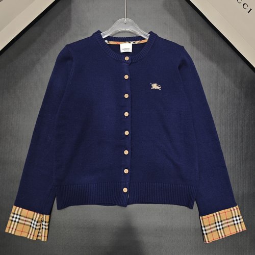 Burberry Cuff-Spliced Color-Blocked Round Neck Cardigan with Knight Emblem